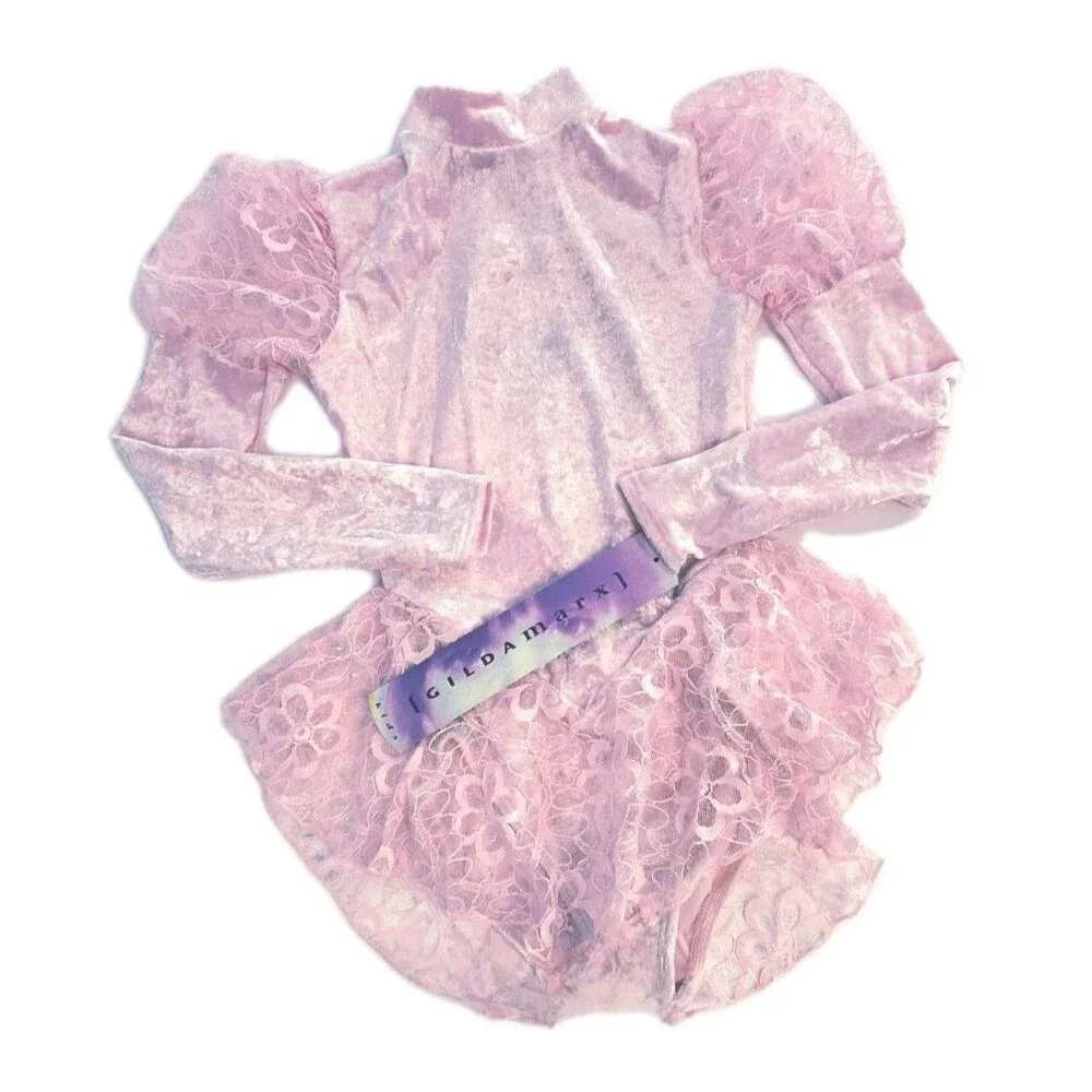 Gilda Marx VTG High Neck Velvet Lace Keyhole Pink Leotard Skate Dress Girls 8/10 - Picture 12 of 16